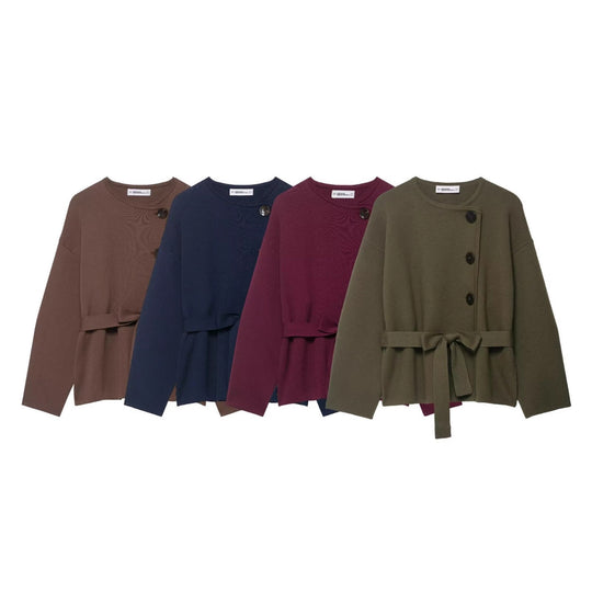 Damen Strickjacke mit asymmetrischer Knopfblende und Taillengürtel Nord Taschen