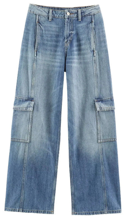 Damen Jeans‑Cargo‑Hose mit weitem Bein, Ziernähten und aufgesetzten Klappentaschen Nord Taschen
