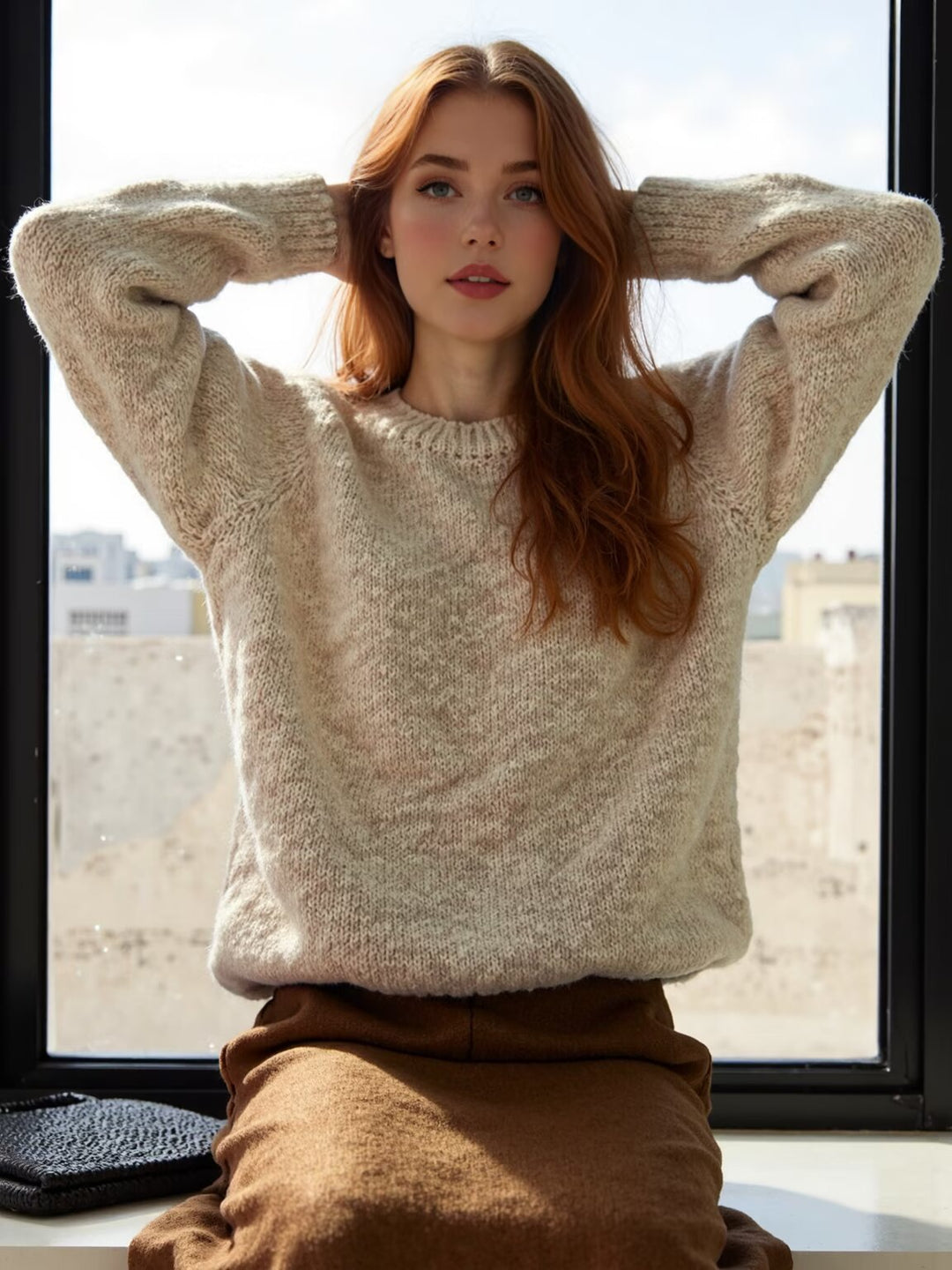 Damen Oversize Mohair‑Optik Pullover mit Rundhalsausschnitt und Raglanärmeln Nord Taschen