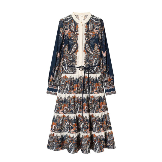 Damen Maxikleid im Stufenrock-Design mit Paisley-Print, Stehkragen und Taillenschnur Nord Taschen