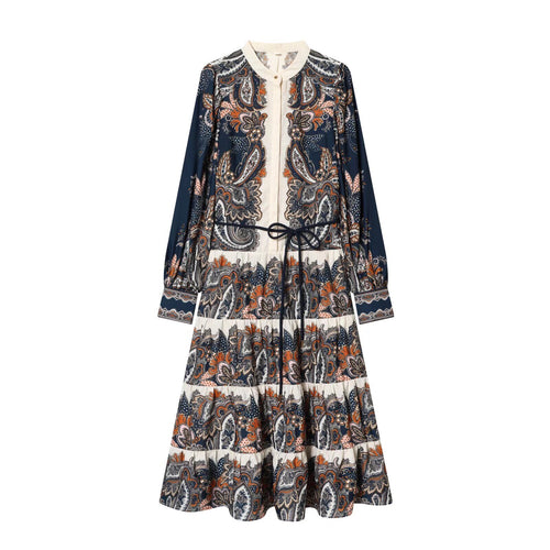 Damen Maxikleid im Stufenrock-Design mit Paisley-Print, Stehkragen und Taillenschnur Nord Taschen