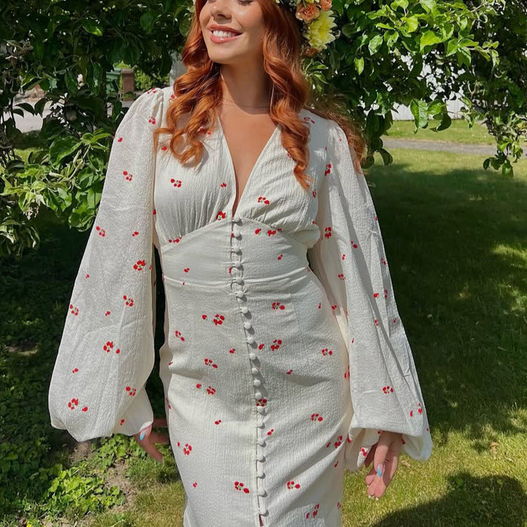 Damen Midikleid mit Puffärmeln, V-Ausschnitt und dekorativer Knopfleiste Nord Taschen