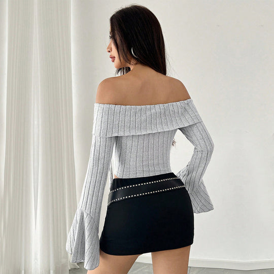 Damen schulterfreies geripptes Asymmetrisches Cropped-Top mit Glockenärmeln und Binddetail Nord Taschen