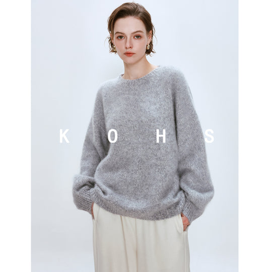Damen Oversize Mohair-Optik Pullover mit Rundhalsausschnitt Nord Taschen