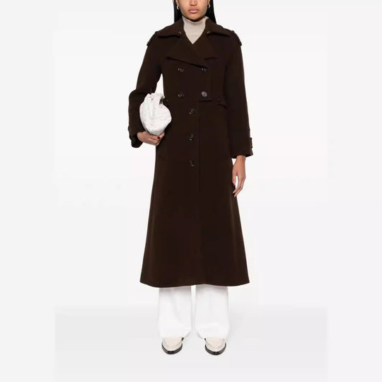 Damen Bodenlanger Doppelreihiger Trenchcoat aus Wollmix mit Schulterpatten und verdecktem Taillengürtel Nord Taschen