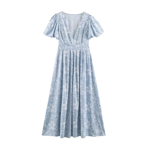 Damen Midikleid mit tiefem V-Ausschnitt, Puffärmeln und tailliertem A-Linienrock Nord Taschen