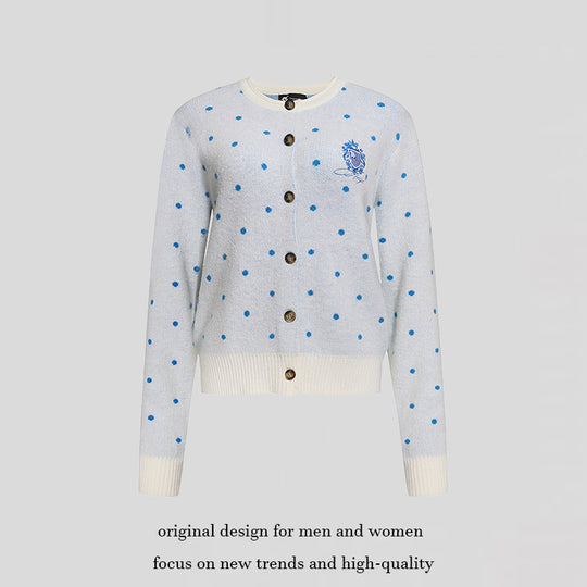 Damen Strick-Cardigan mit Rundhals, Tupfen-Jacquard und Zierwappen Nord Taschen