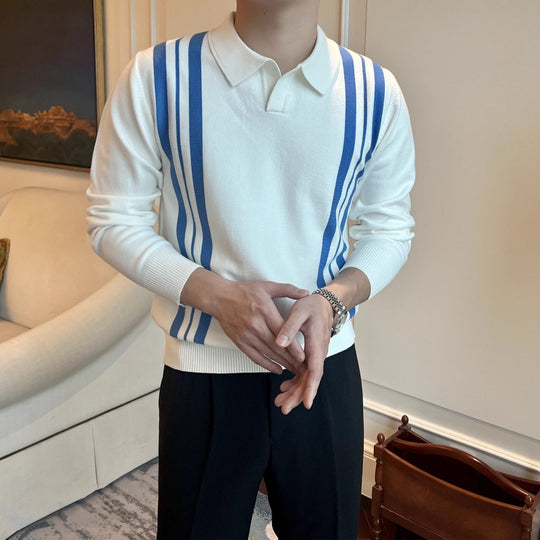 Herren Polokragen-Strickpullover mit markanten Längsstreifen und schmaler Passform Nord Taschen