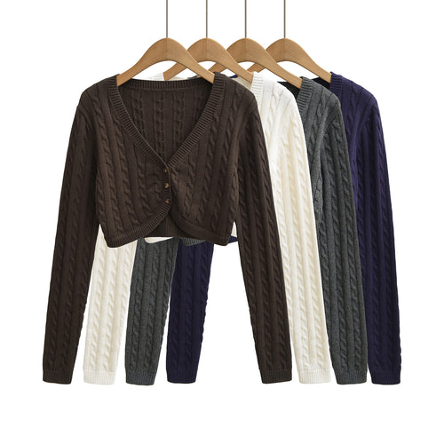 Damen Kurzgeschnittener Zopfstrick-Cardigan mit V‑Ausschnitt und Knopfleiste Nord Taschen
