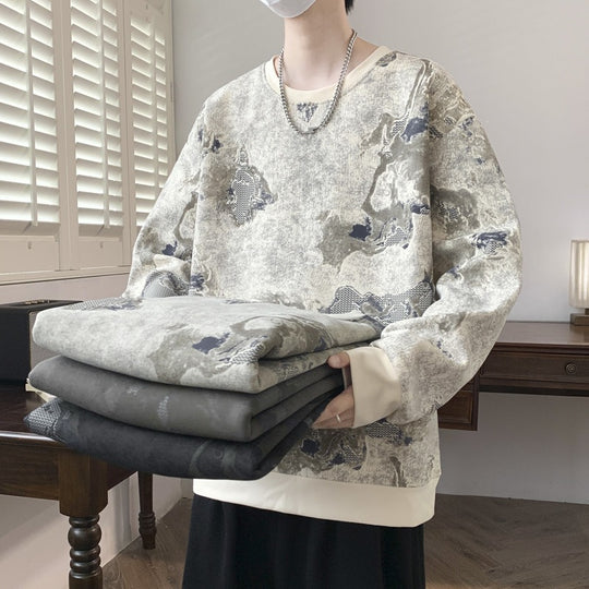 Herren Oversize-Sweatshirt mit abstraktem Marmor-Print und schwerer Baumwollmischung Nord Taschen