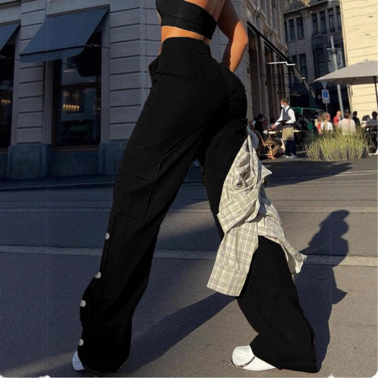 Damen High-Waist Cargo-Hose mit weitem Bein, Tunnelzug und seitlichen Druckknopf-Details Nord Taschen