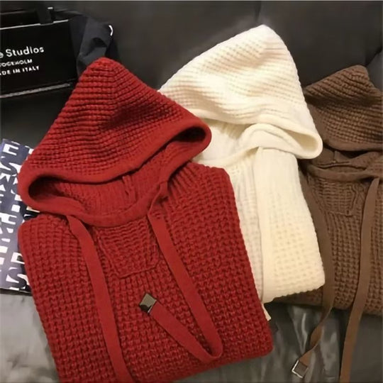 Damen Grobgestrickter Oversize-Kapuzenpullover mit Waffelstruktur und Kordelzug Nord Taschen