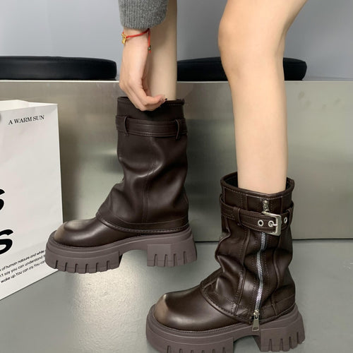 Damen Halbhohe Biker-Stiefel mit Reißverschluss, Schnallenriemen und grober Plateausohle Nord Taschen