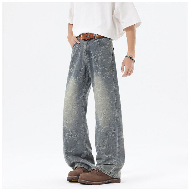 Herren Weit geschnittene Vintage-Denim-Hose im Baggy‑Look mit Marmorwaschung und tiefem Schritt Nord Taschen