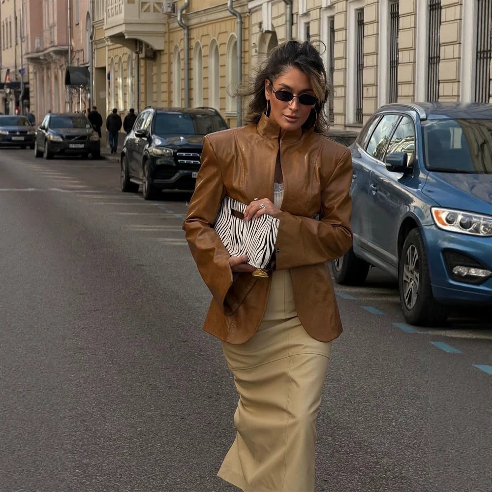 Damen Figurbetonter Lederimitat-Blazer mit Stehkragen & verlängerten Manschetten Nord Taschen