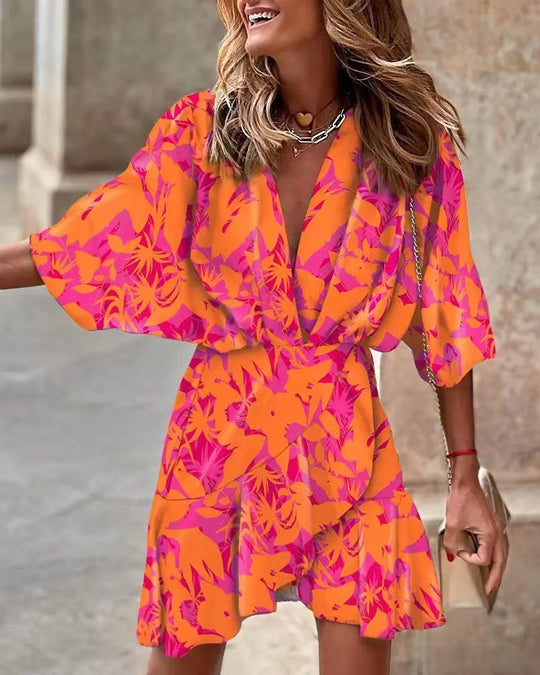 Damen Wickelmini-Kleid mit voluminösen Ärmeln und modischem Animal-Print