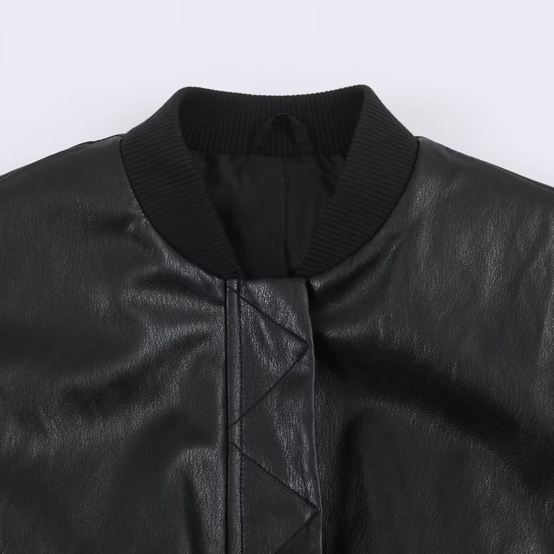 Damen Oversize Bomberjacke aus Kunstleder mit gerippten Bündchen Nord Taschen