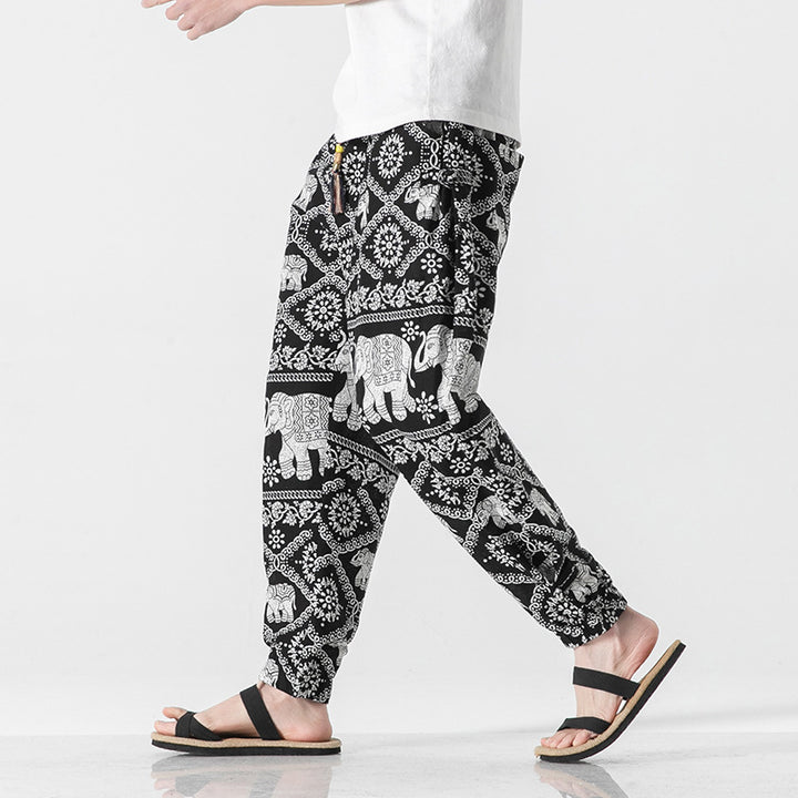 Unisex lässige Boho-Haremshose mit Elefantenmuster, elastischem Bund und Bündchen Nord Taschen