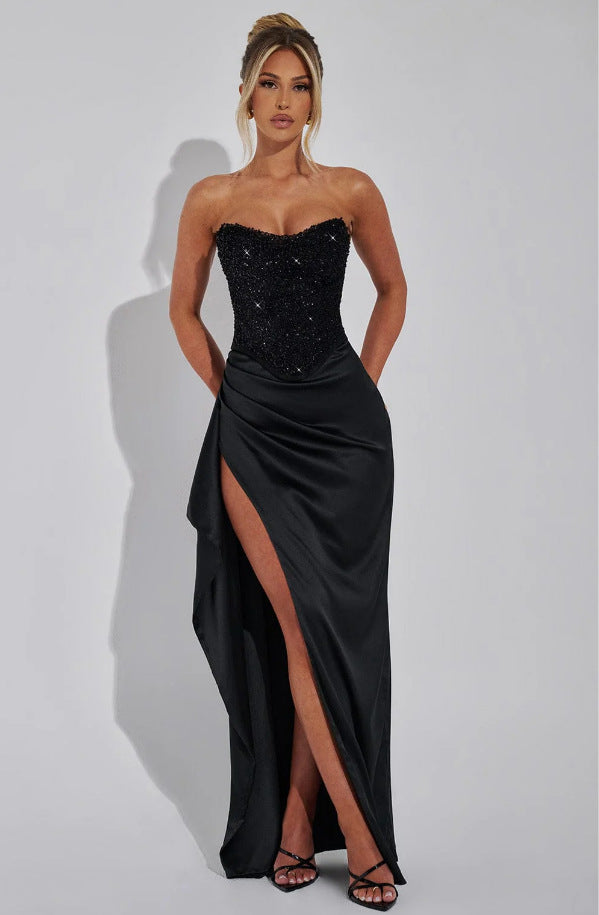 Damen Elegantes Abendkleid mit schimmerndem Oberteil und hohem Schlitz