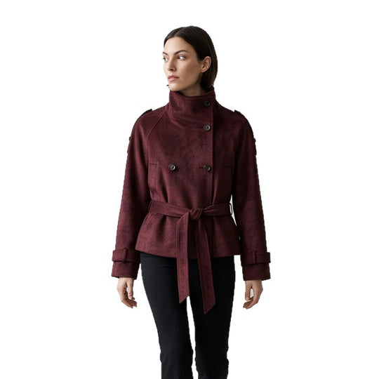 Damen Taillierte Kurzjacke in Wildlederoptik mit Doppelreiher und Stehkragen Nord Taschen
