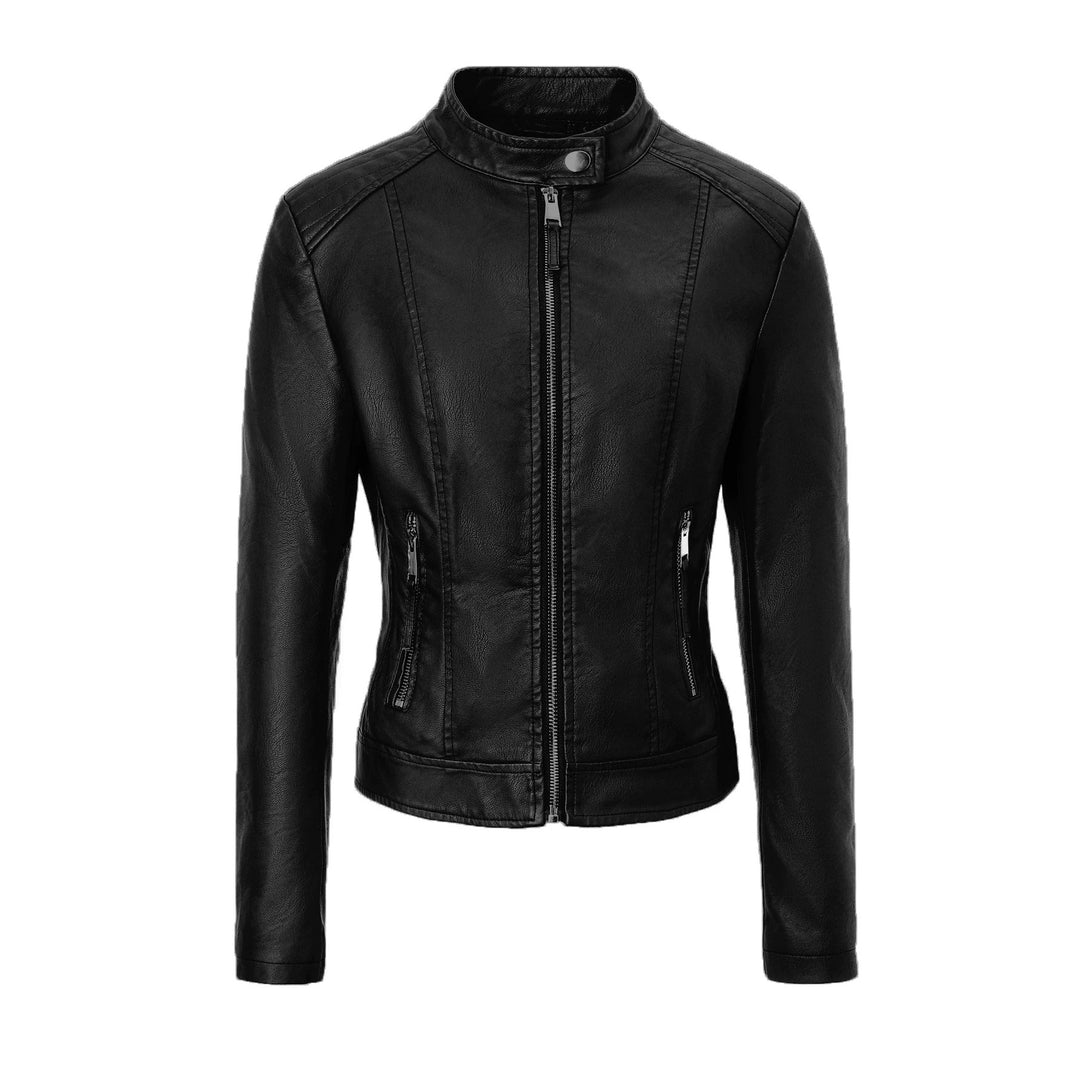 Damen Slim-Fit Biker-Lederjacke mit Stehkragen Nord Taschen