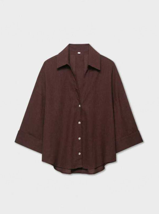 Damen Leichte Oversize Leinenoptik Bluse mit Dreiviertelärmeln und durchgehender Knopfleiste Nord Taschen