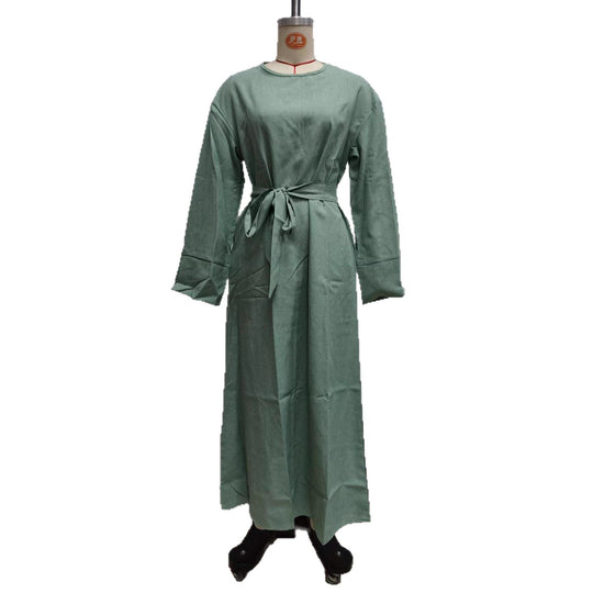 Damen Maxikleid aus Leinen-Mix mit Taillengürtel und weiten Manschellen Nord Taschen
