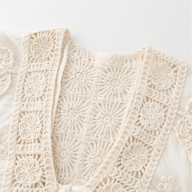 Damen Boho‑Häkelspitzenjacke mit V‑Ausschnitt und Bindeband Nord Taschen