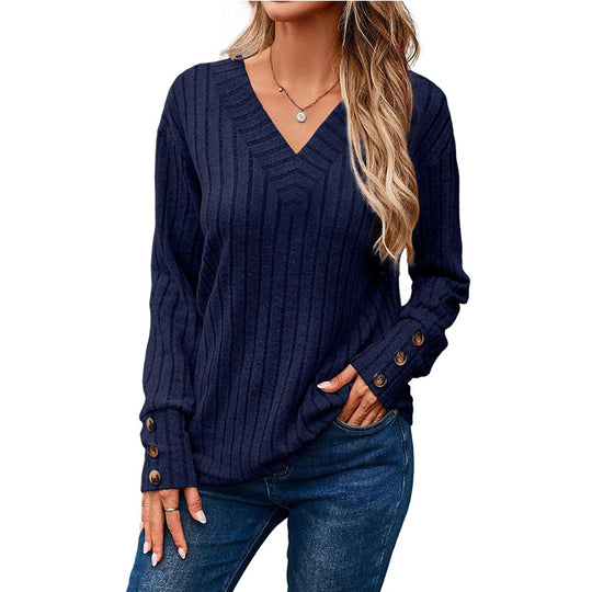Damen Gerippter V-Ausschnitt Strickpullover mit Knopfmanschetten Nord Taschen