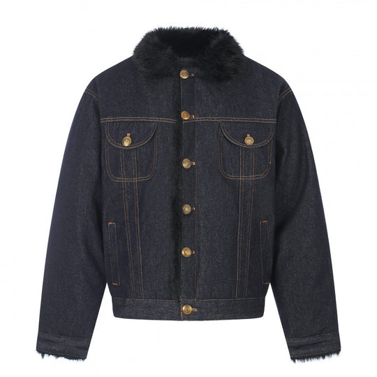 Herren Kurz geschnittene Denimjacke mit Kunstfellkragen und Teddyfutter‑Optik Nord Taschen