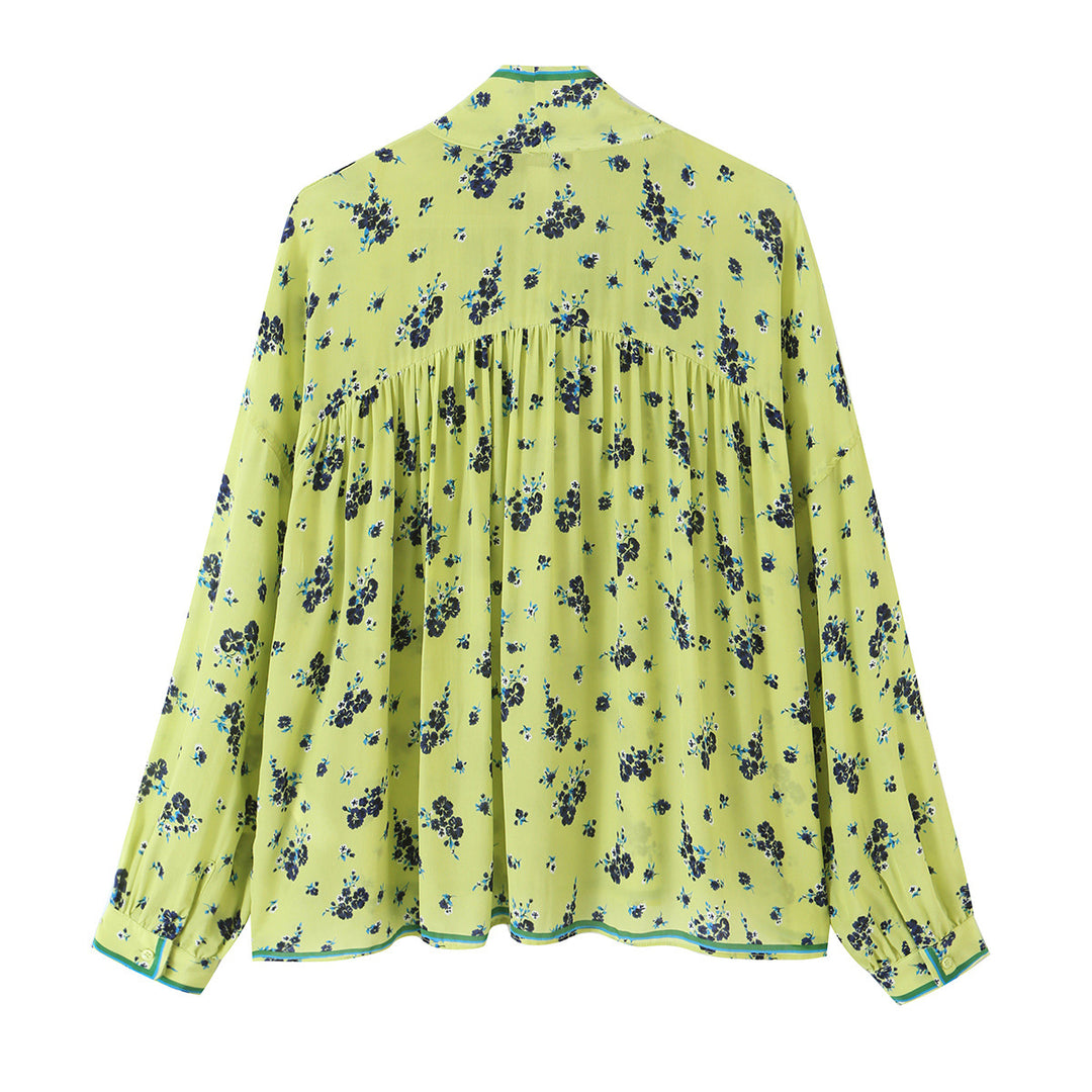 Damen Geblümte Chiffonbluse mit Schleifenkragen und Volumenärmeln Nord Taschen