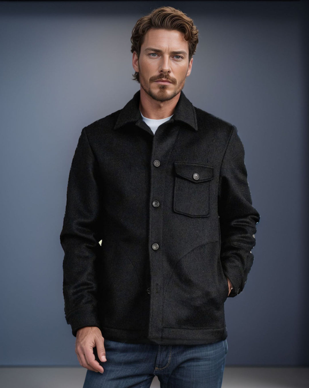 Herren Hemdenjacke aus Wollmix mit aufgesetzter Brusttasche und klassischem Hemdkragen Nord Taschen