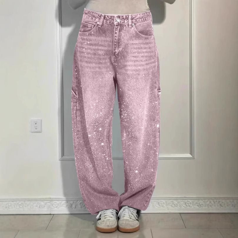 Damen High-Waist Jeans im weiten Cargo-Schnitt mit funkelndem Strassbesatz Nord Taschen