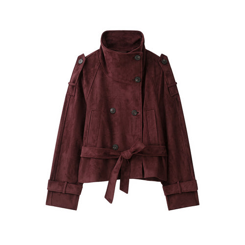 Damen Velours‑Trenchjacke mit hohem Funnelkragen und Bindegürtel Nord Taschen