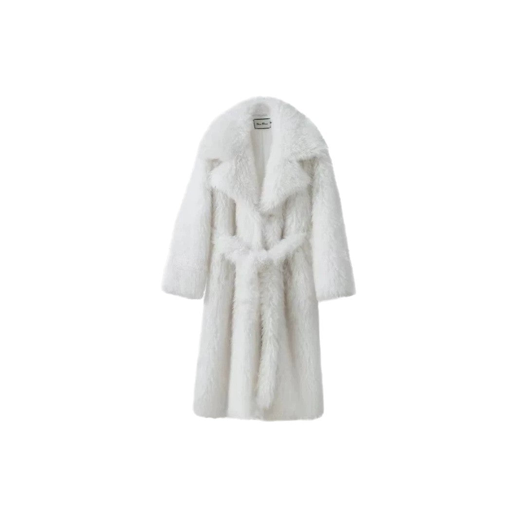 Damen Maxi Kunstpelzmantel mit voluminösem Schalkragen und Wickelgürtel Nord Taschen