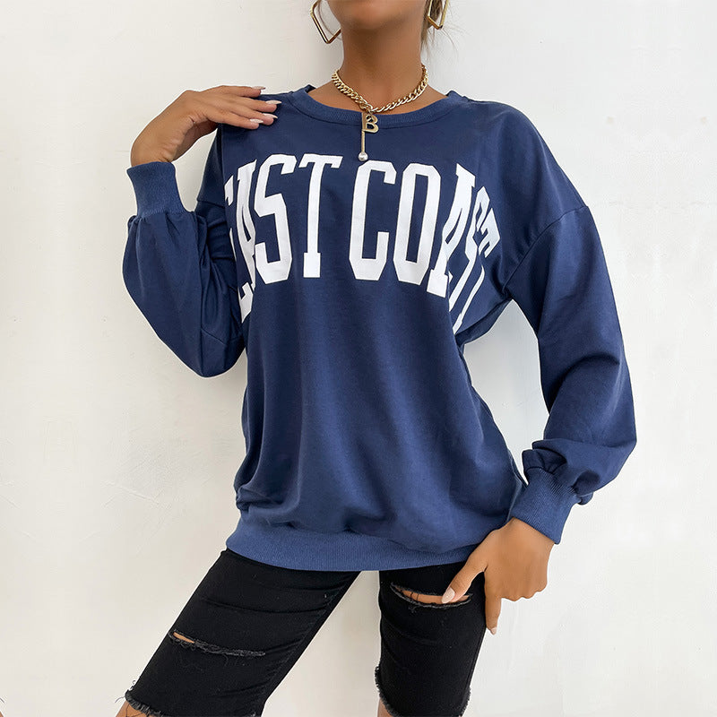 Damen Lockeres Rundhals-Sweatshirt im Collegestyle mit Blockschrift-Print und geripptem Saum Nord Taschen