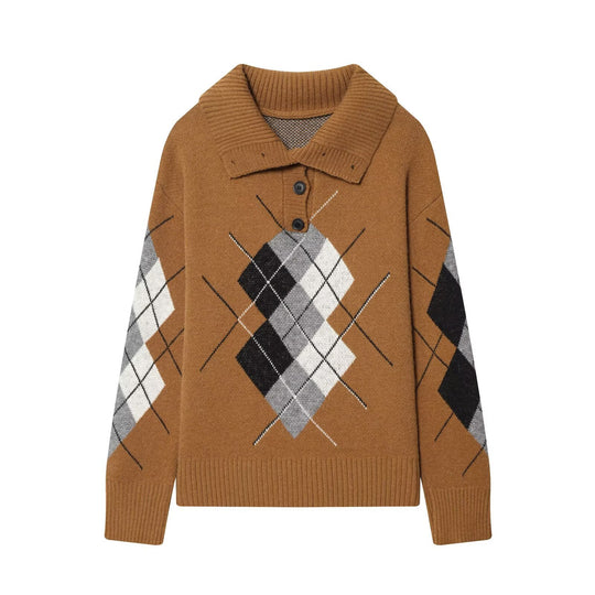 Damen Oversized Pullover mit Rautenmuster und Polokragen mit Knopfleiste Nord Taschen
