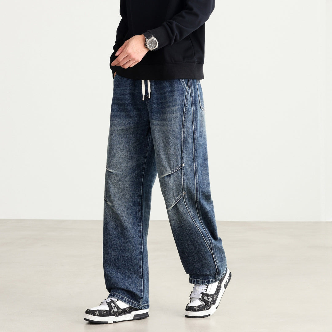 Herren Weite Denim-Hose mit Tunnelzugbund, Paneelnähten und Used-Waschung Nord Taschen