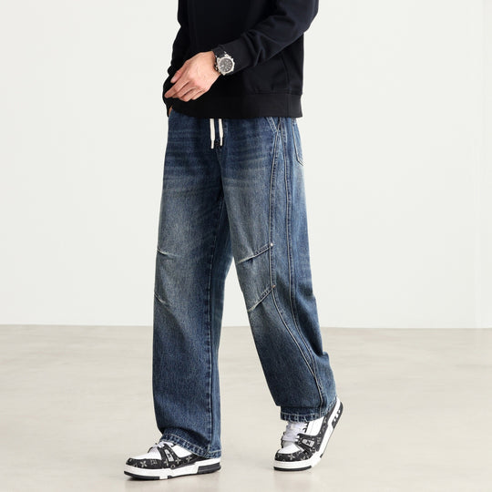 Herren Weite Denim-Hose mit Tunnelzugbund, Paneelnähten und Used-Waschung Nord Taschen