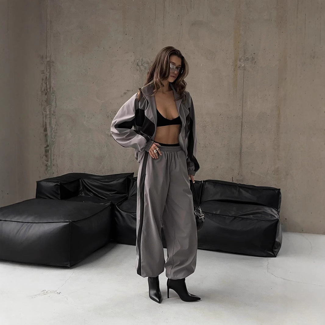 Damen sportives Zweiteiler-Set aus Oversize-Trackjacke mit Reißverschluss und weitem Bundfalten-Hose Nord Taschen