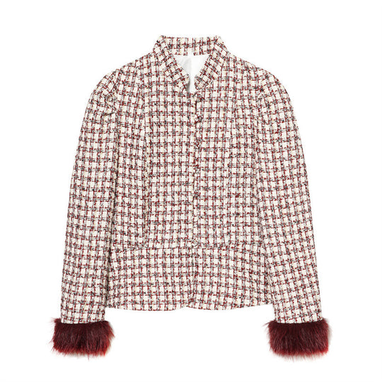Damen Kurzblazer aus Bouclé‑Tweed mit Stehkragen und Kunstfellmanschetten Nord Taschen