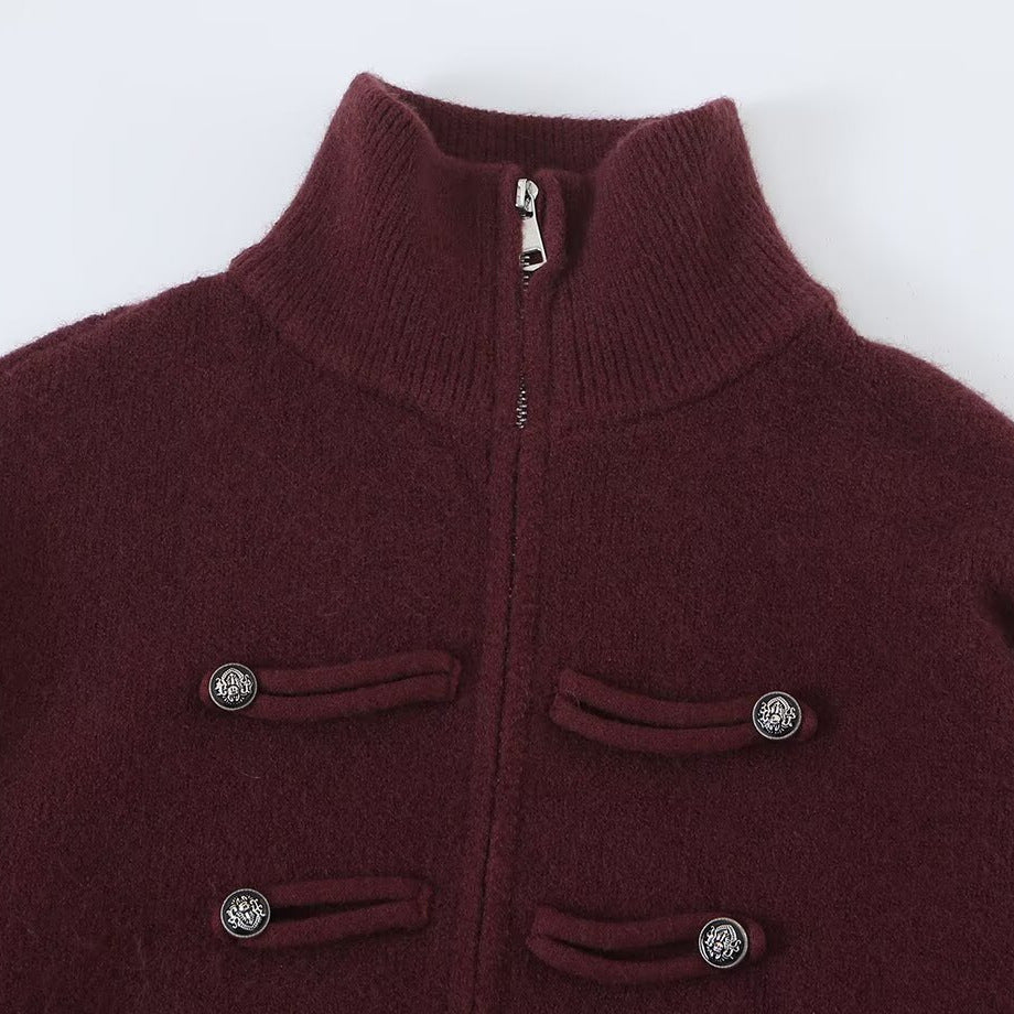 Damen Strickjacke mit Stehkragen, Reißverschluss und dekorativen Knotenblenden Nord Taschen