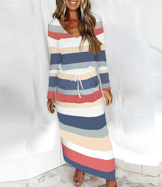 Damen Lässig-elegantes Maxi-Strickkleid mit V-Ausschnitt, Tunnelzug und Eingrifftaschen Nord Taschen
