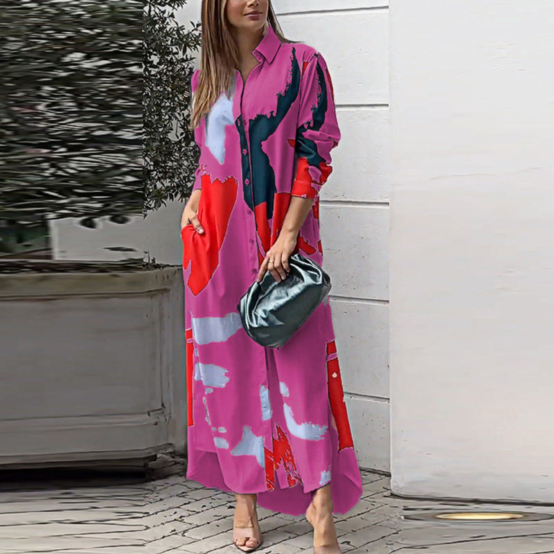 Damen Langes Hemdblusenkleid mit abstraktem Pinselprint und seitlichen Eingrifftaschen Nord Taschen