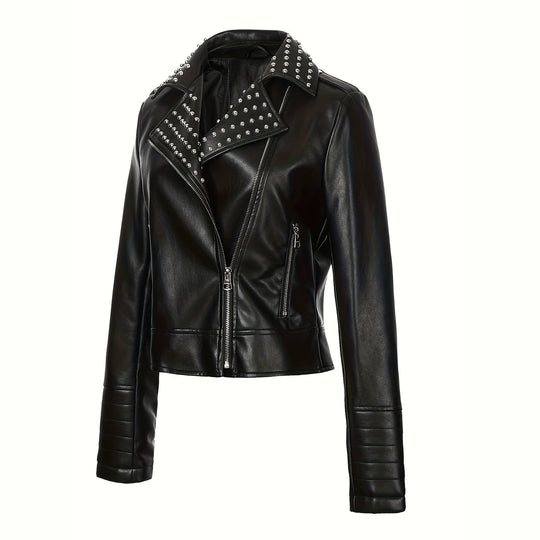 Damen Asymmetrische Bikerjacke aus Kunstleder mit genietetem Revers und gesteppter Armzone Nord Taschen