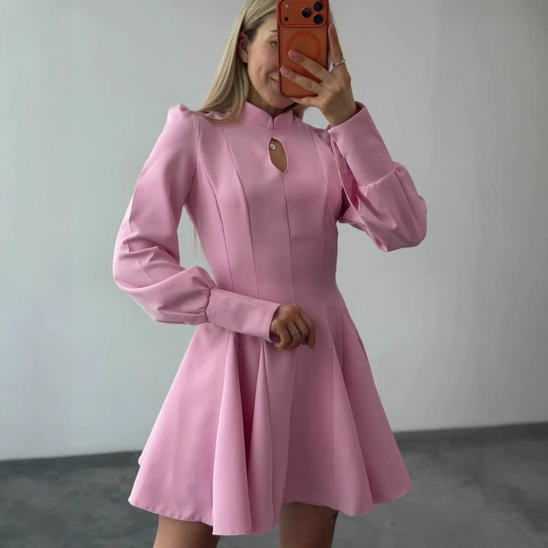 Damen A-Linien Minikleid mit Stehkragen, Schlitzdetail und Ballonärmeln Nord Taschen
