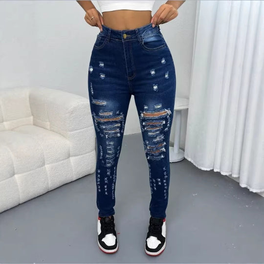 Damen Hochtaillierte Ripped-Skinny-Jeans mit taillenformendem Komfortbund Nord Taschen