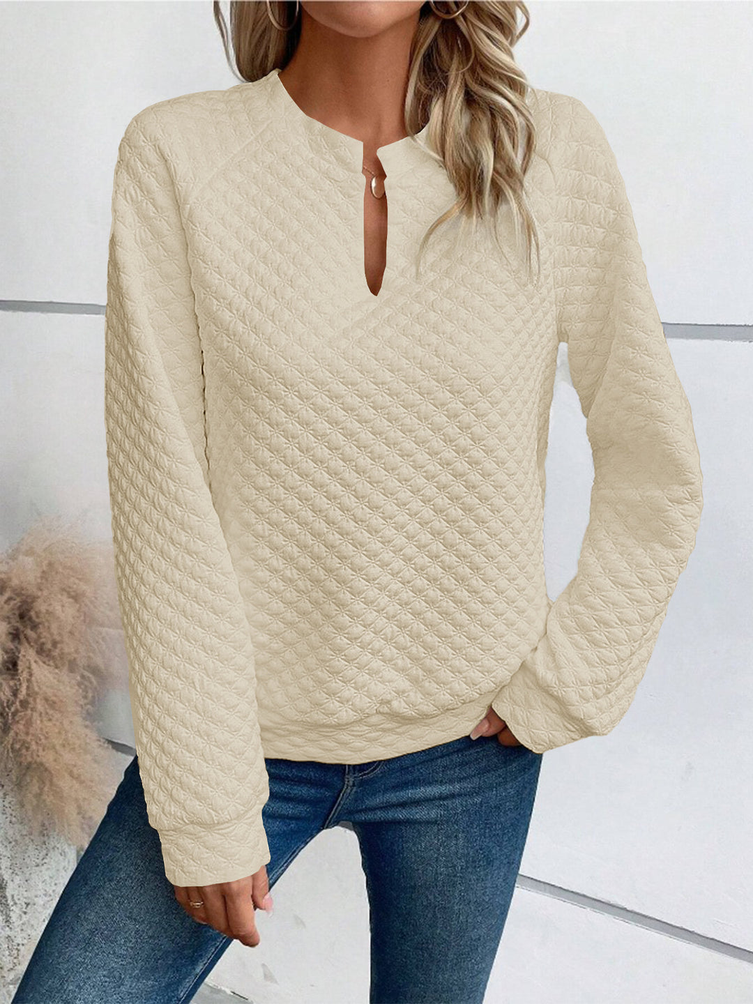 Damen Gesteppter Kuschel-Pullover mit Schlitzkragen Nord Taschen