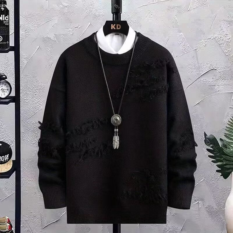 Herren Oversized Strickpullover mit Fransen‑Used‑Details und Rundhalsausschnitt Nord Taschen