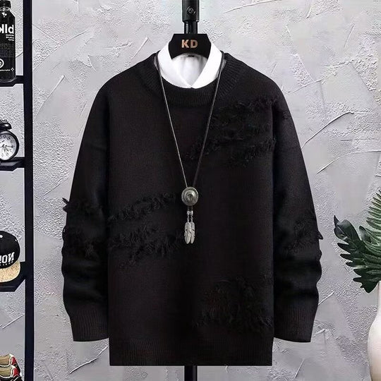 Herren Oversized Strickpullover mit Fransen‑Used‑Details und Rundhalsausschnitt Nord Taschen